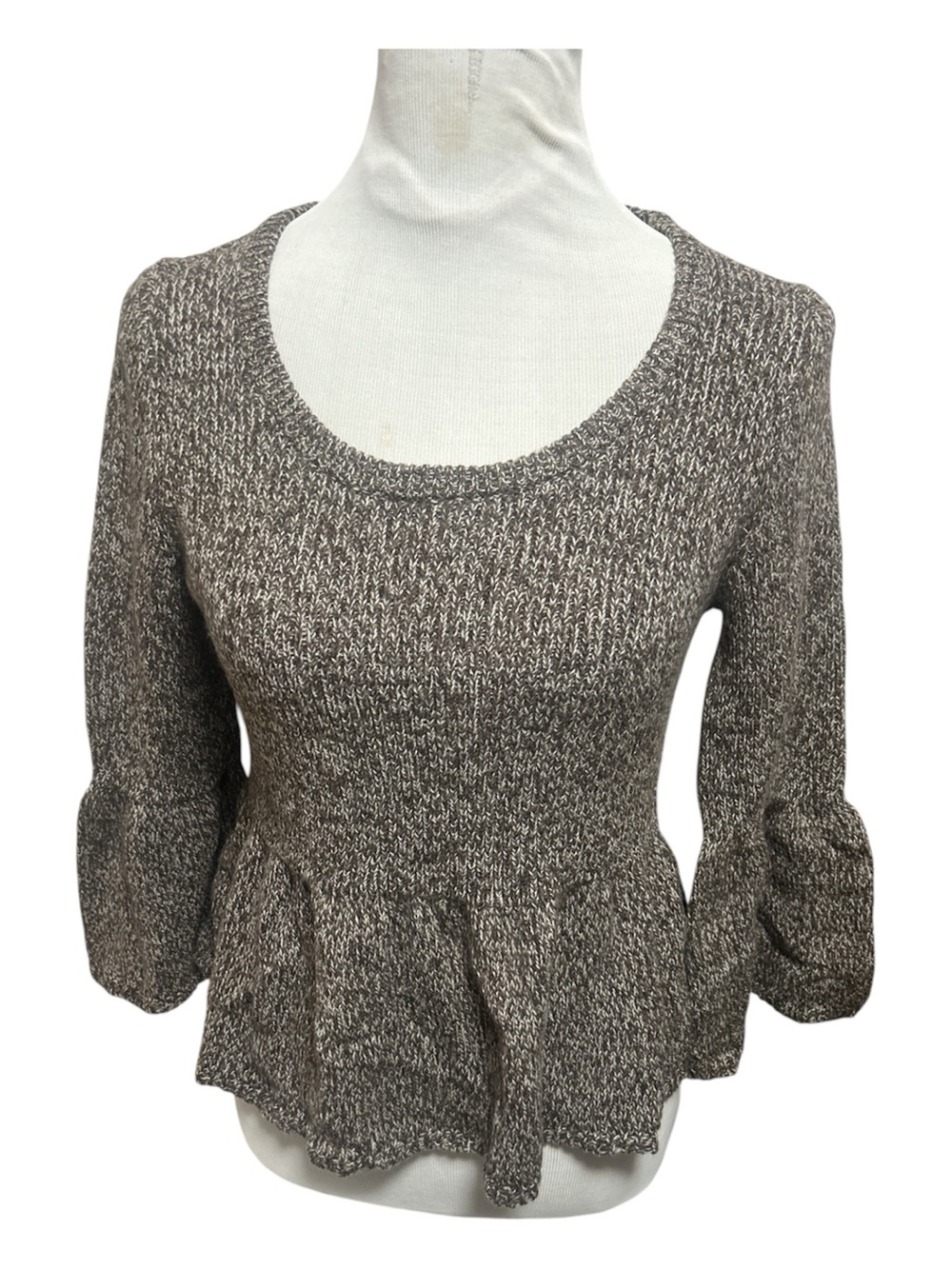 Express Brown & White Marled Knit Peplum Sweater Scoop Neck 3/4 Bell Sleeve M